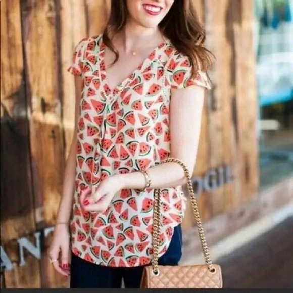 Anthropologie Maeve Picnic Days Watermelon Print Short Sleeve Top Blouse Size 0 - Picture 6 of 8